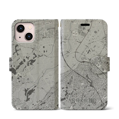 【坂戸（埼玉県）】地図柄iPhoneケース（手帳タイプ）モノトーン・iPhone 13 mini 用