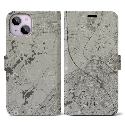 【坂戸（埼玉県）】地図柄iPhoneケース（手帳タイプ）モノトーン・iPhone 14 用