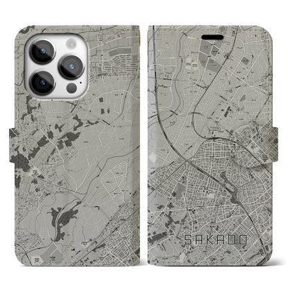【坂戸（埼玉県）】地図柄iPhoneケース（手帳タイプ）モノトーン・iPhone 14 Pro 用