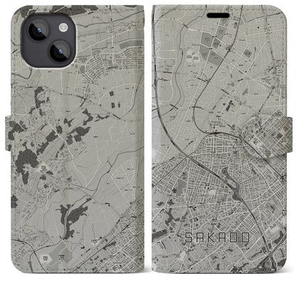 【坂戸（埼玉県）】地図柄iPhoneケース（手帳タイプ）モノトーン・iPhone 14 Plus 用