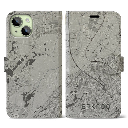 【坂戸（埼玉県）】地図柄iPhoneケース（手帳タイプ）モノトーン・iPhone 15 用