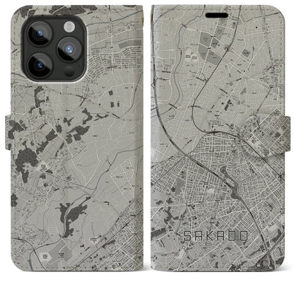【坂戸（埼玉県）】地図柄iPhoneケース（手帳タイプ）モノトーン・iPhone 15 Pro Max 用