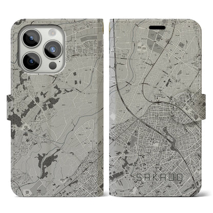 【坂戸（埼玉県）】地図柄iPhoneケース（手帳タイプ）モノトーン・iPhone 15 Pro 用