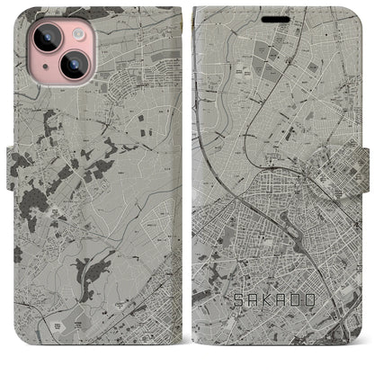 【坂戸（埼玉県）】地図柄iPhoneケース（手帳タイプ）モノトーン・iPhone 15 Plus 用