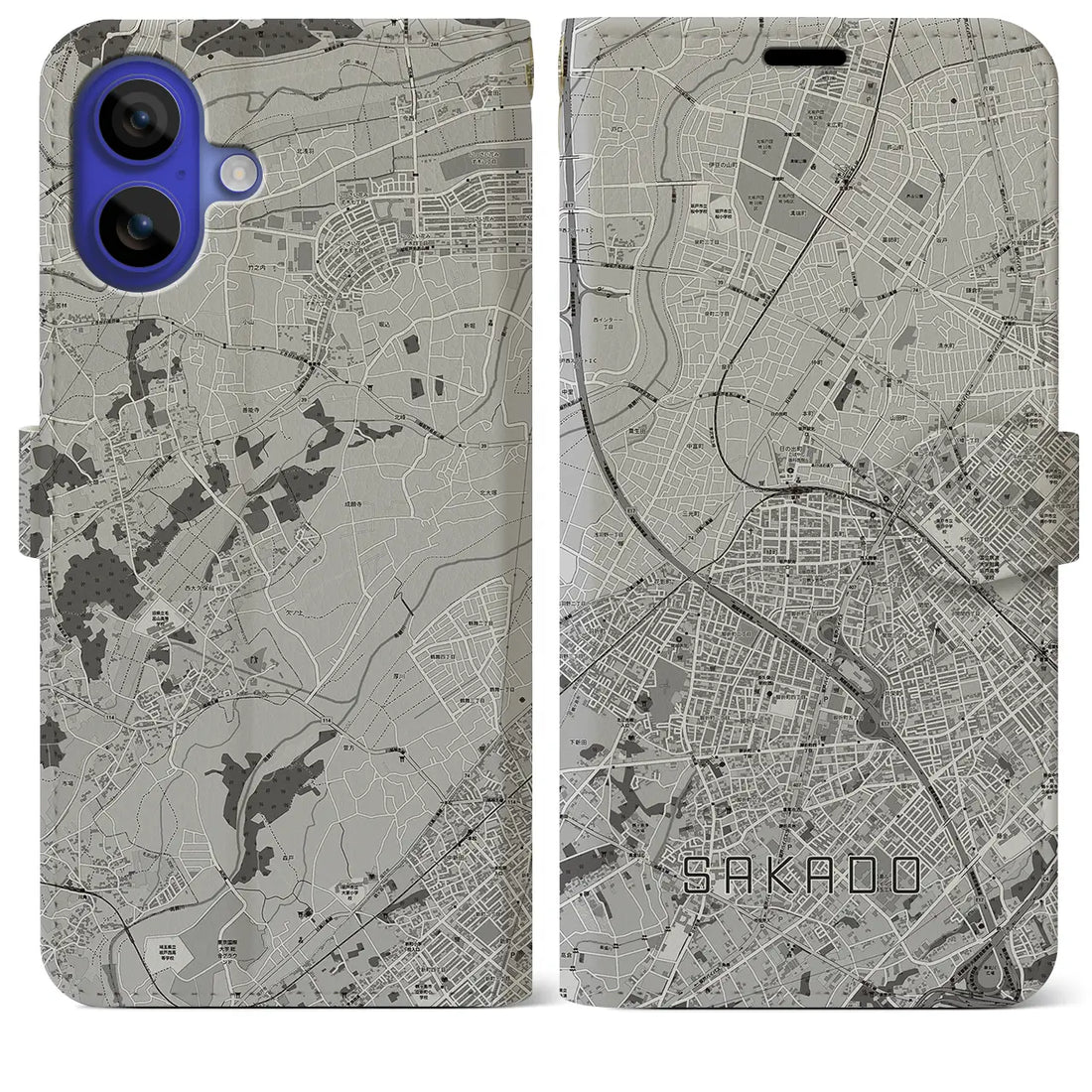 【坂戸(埼玉県)】地図柄iPhoneケース(手帳タイプ)モノトーン・iPhone 16 Pro Max 用