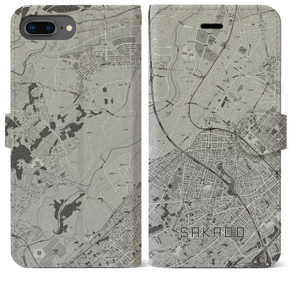 【坂戸（埼玉県）】地図柄iPhoneケース（手帳タイプ）モノトーン・iPhone 8Plus /7Plus / 6sPlus / 6Plus 用