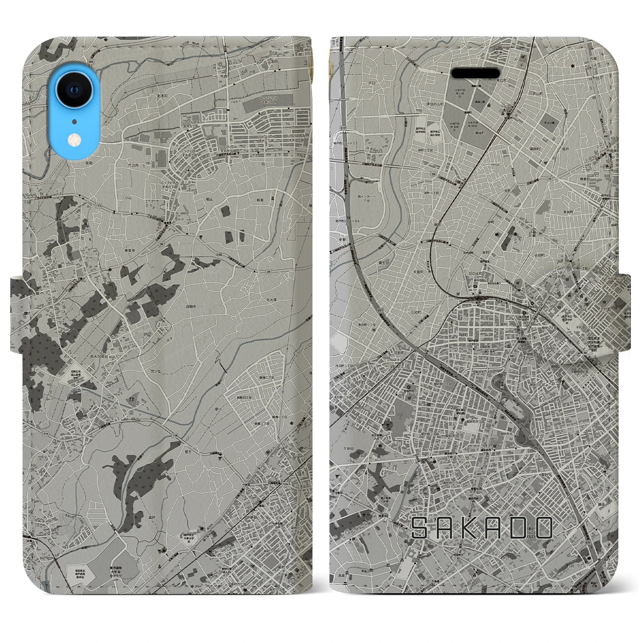 【坂戸】地図柄iPhoneケース（手帳両面タイプ・モノトーン）iPhone XR 用