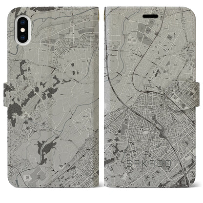 【坂戸（埼玉県）】地図柄iPhoneケース（手帳タイプ）モノトーン・iPhone XS Max 用