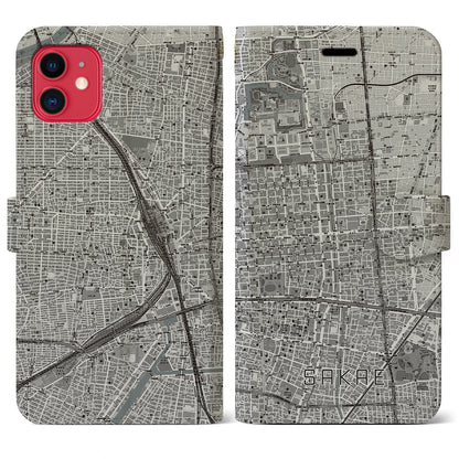 【栄（愛知県）】地図柄iPhoneケース（手帳タイプ）モノトーン・iPhone 11 用