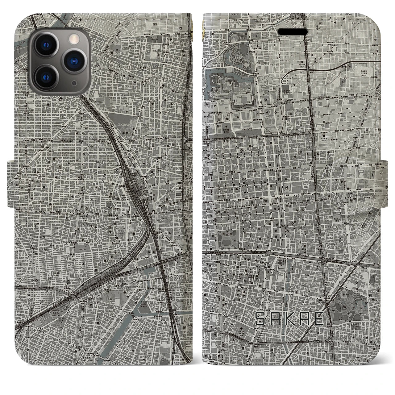 【栄】地図柄iPhoneケース（手帳両面タイプ・モノトーン）iPhone 11 Pro Max 用
