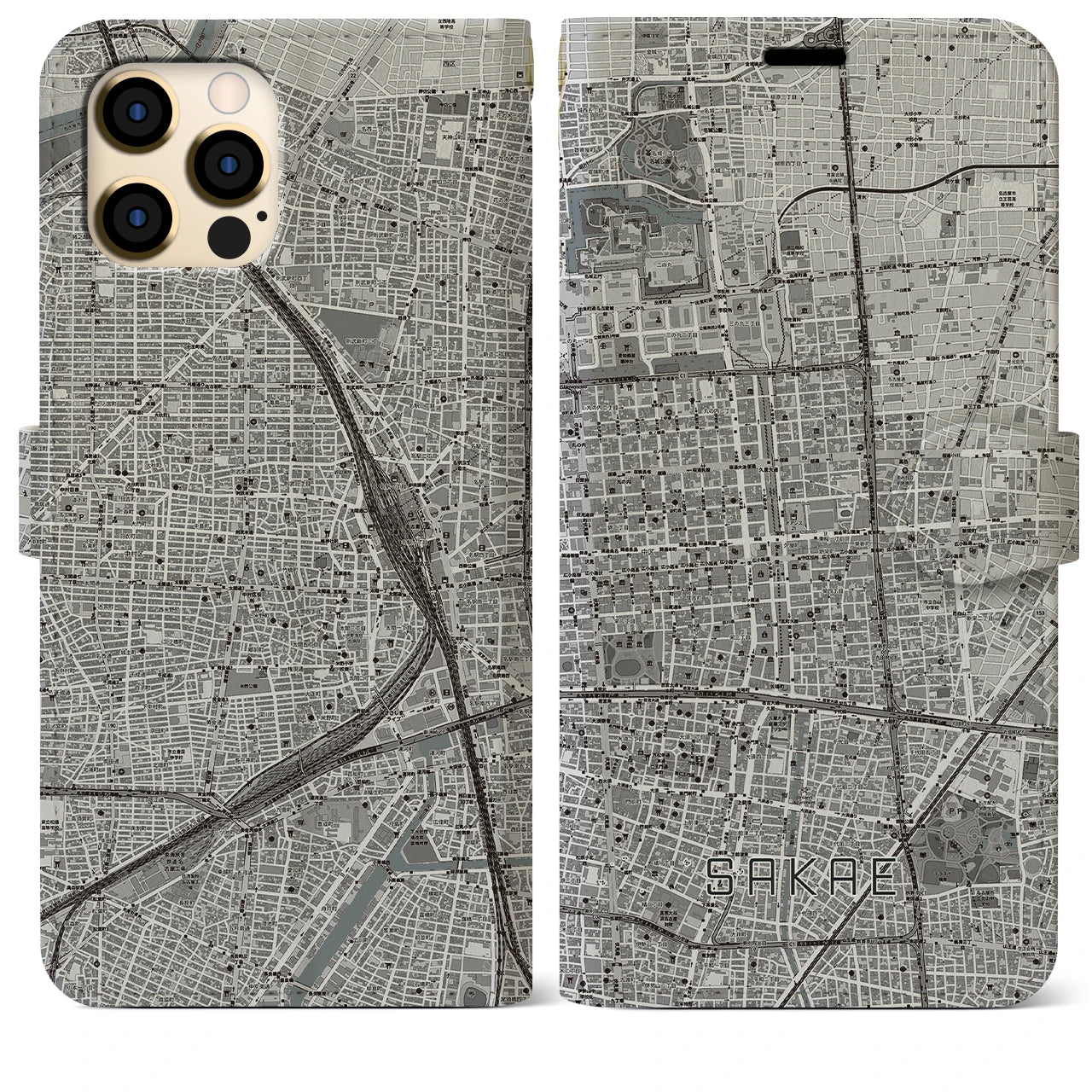 【栄】地図柄iPhoneケース（手帳両面タイプ・モノトーン）iPhone 12 Pro Max 用