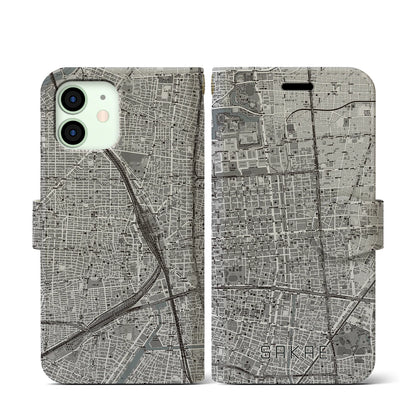 【栄（愛知県）】地図柄iPhoneケース（手帳タイプ）モノトーン・iPhone 12 mini 用