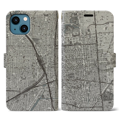 【栄（愛知県）】地図柄iPhoneケース（手帳タイプ）モノトーン・iPhone 13 用