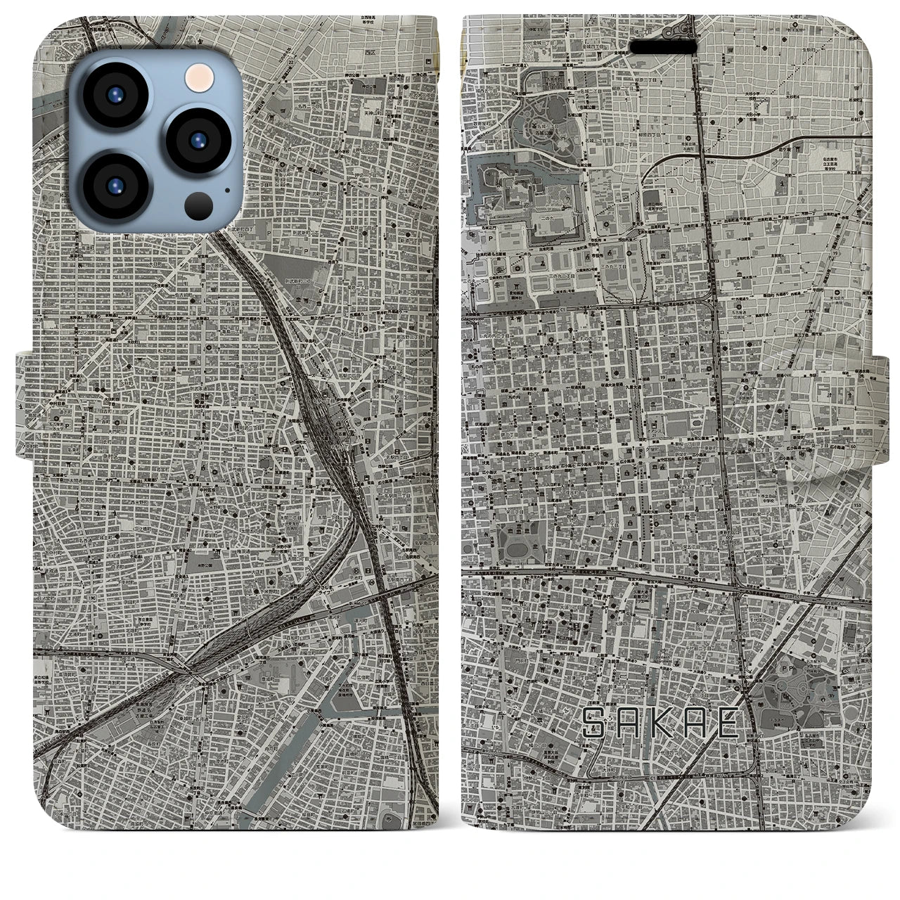 【栄】地図柄iPhoneケース（手帳両面タイプ・モノトーン）iPhone 13 Pro Max 用
