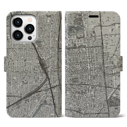 【栄（愛知県）】地図柄iPhoneケース（手帳タイプ）モノトーン・iPhone 13 Pro 用