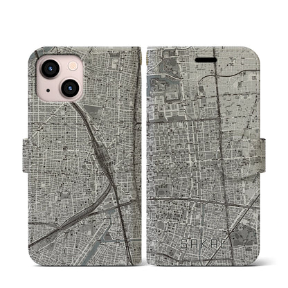 【栄（愛知県）】地図柄iPhoneケース（手帳タイプ）モノトーン・iPhone 13 mini 用