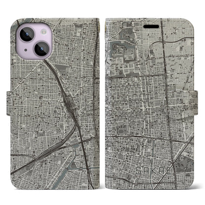 【栄（愛知県）】地図柄iPhoneケース（手帳タイプ）モノトーン・iPhone 14 用