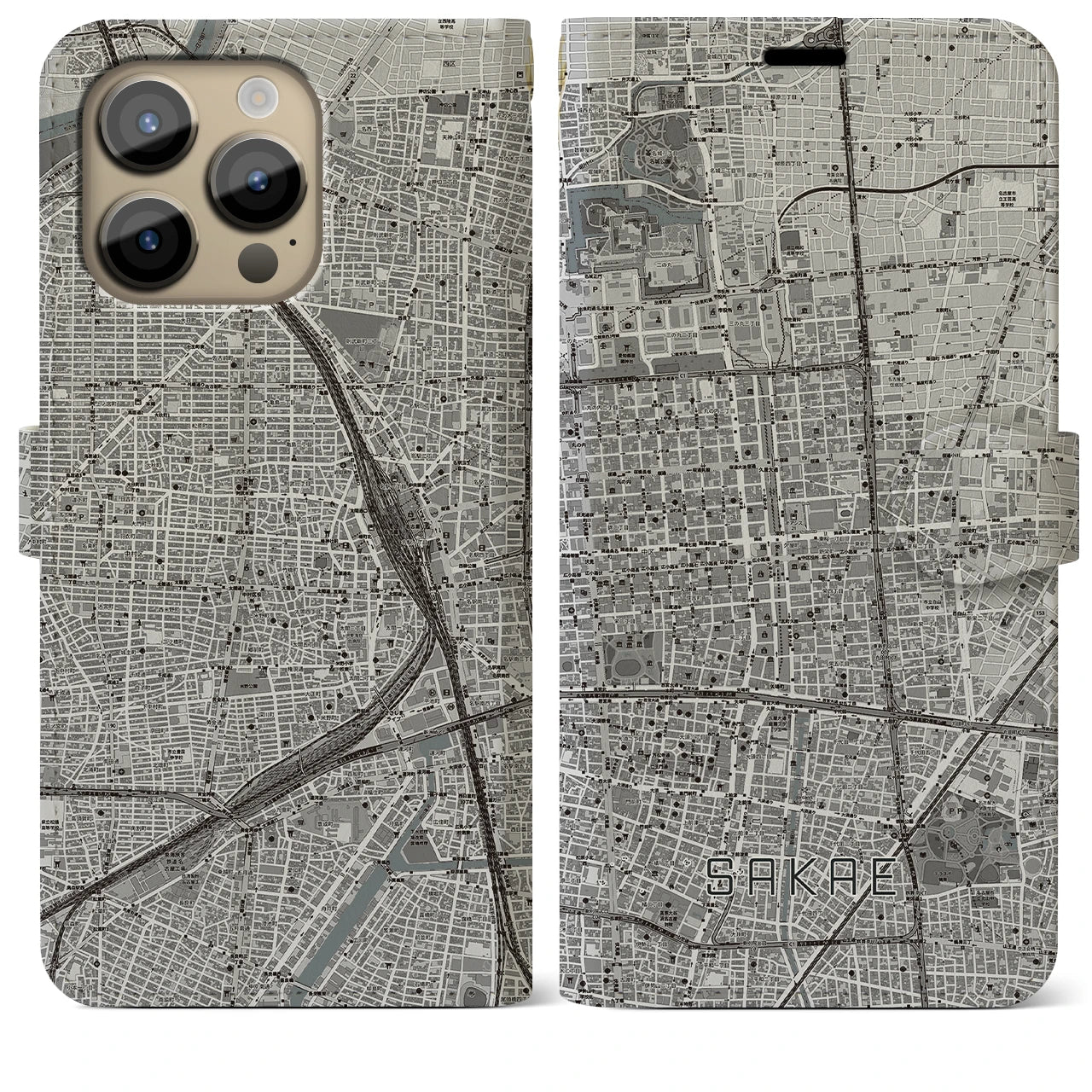 【栄】地図柄iPhoneケース（手帳両面タイプ・モノトーン）iPhone 14 Pro Max 用