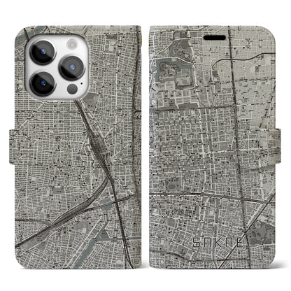 【栄（愛知県）】地図柄iPhoneケース（手帳タイプ）モノトーン・iPhone 14 Pro 用