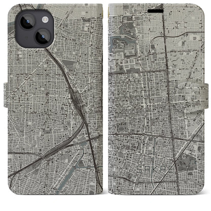 【栄（愛知県）】地図柄iPhoneケース（手帳タイプ）モノトーン・iPhone 14 Plus 用