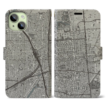 【栄（愛知県）】地図柄iPhoneケース（手帳タイプ）モノトーン・iPhone 15 用