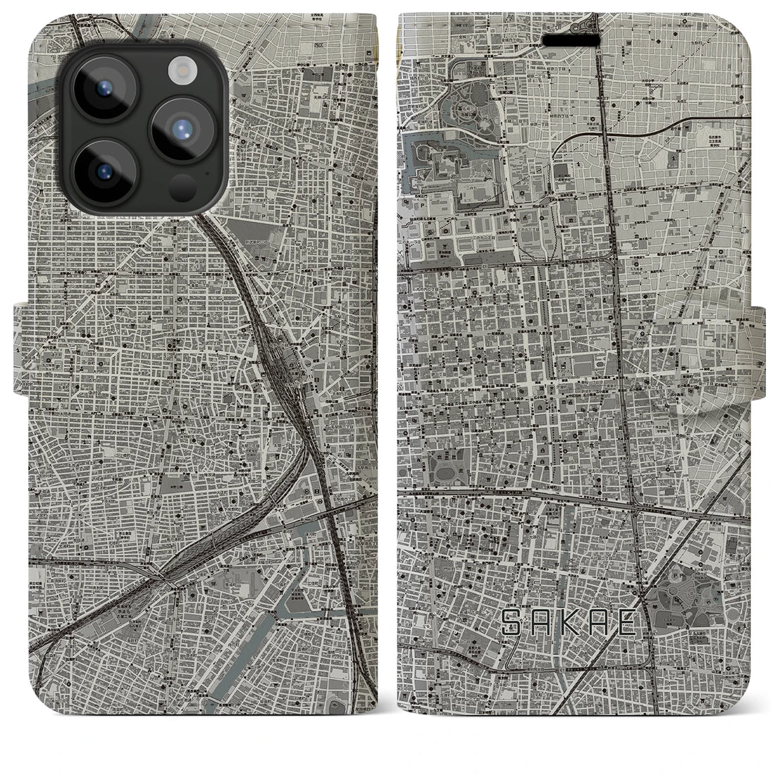 【栄】地図柄iPhoneケース（手帳両面タイプ・モノトーン）iPhone 15 Pro Max 用