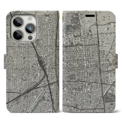 【栄（愛知県）】地図柄iPhoneケース（手帳タイプ）モノトーン・iPhone 15 Pro 用