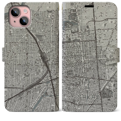 【栄（愛知県）】地図柄iPhoneケース（手帳タイプ）モノトーン・iPhone 15 Plus 用