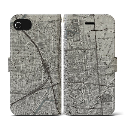 【栄（愛知県）】地図柄iPhoneケース（手帳タイプ）モノトーン・iPhone SE（第3 / 第2世代） / 8 / 7 / 6s / 6 用