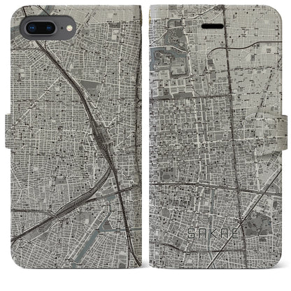 【栄（愛知県）】地図柄iPhoneケース（手帳タイプ）モノトーン・iPhone 8Plus /7Plus / 6sPlus / 6Plus 用