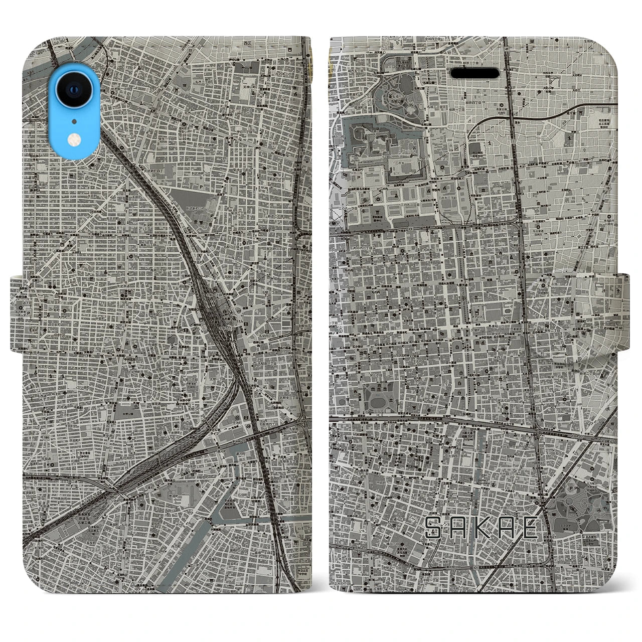 【栄】地図柄iPhoneケース（手帳両面タイプ・モノトーン）iPhone XR 用