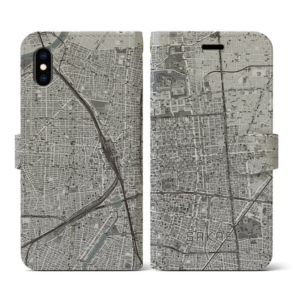 【栄（愛知県）】地図柄iPhoneケース（手帳タイプ）モノトーン・iPhone XS / X 用