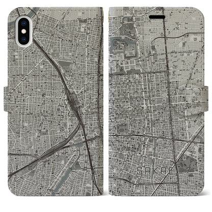 【栄（愛知県）】地図柄iPhoneケース（手帳タイプ）モノトーン・iPhone XS Max 用