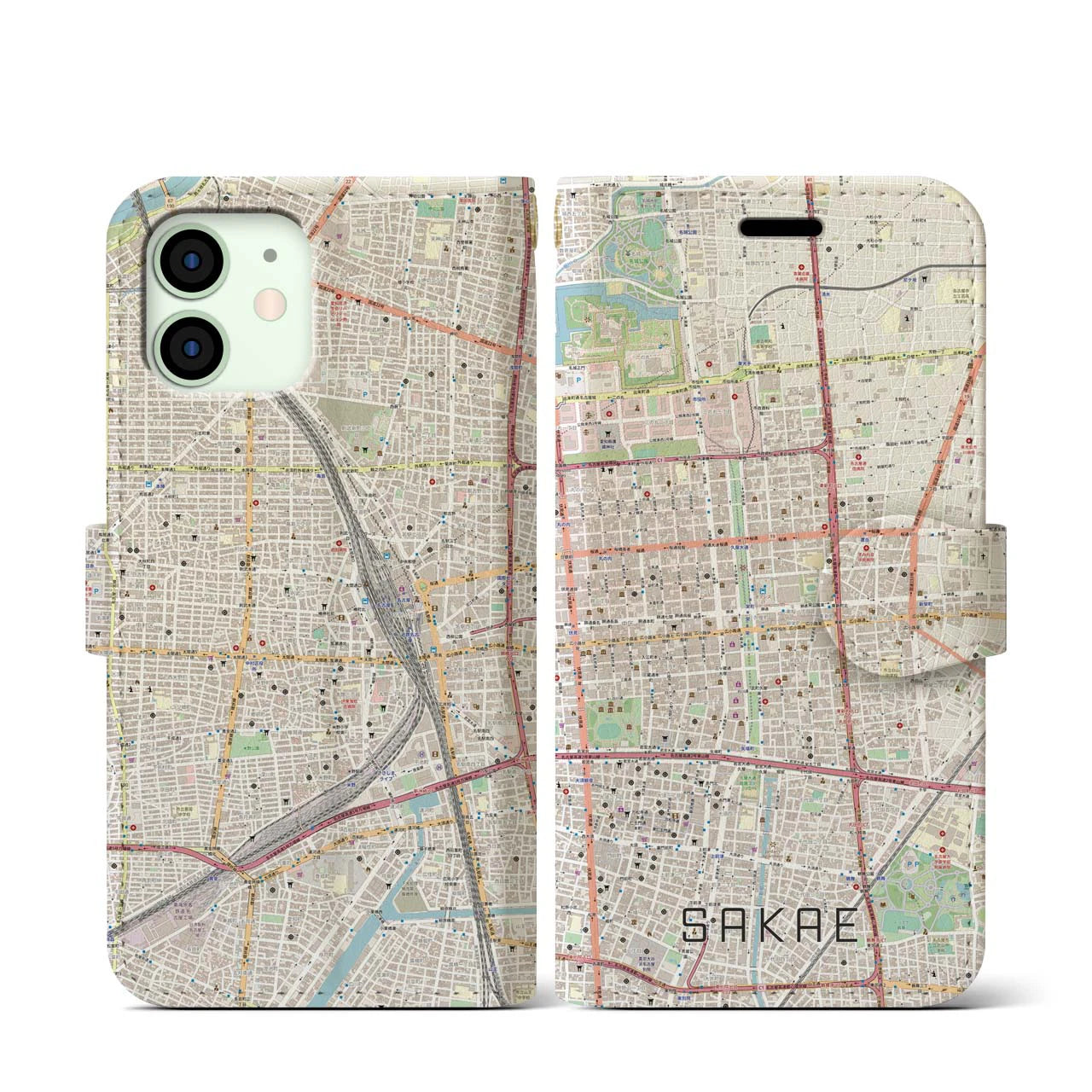 【栄（愛知県）】地図柄iPhoneケース（手帳タイプ）