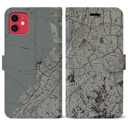 【堺2（大阪府）】地図柄iPhoneケース（手帳タイプ）モノトーン・iPhone 11 用