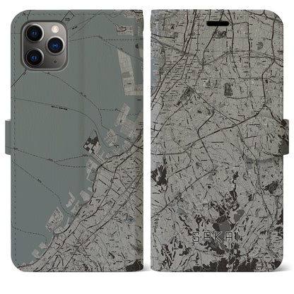 【堺2（大阪府）】地図柄iPhoneケース（手帳タイプ）モノトーン・iPhone 11 Pro Max 用