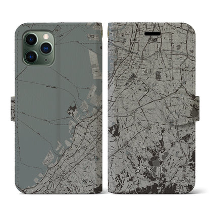 【堺2（大阪府）】地図柄iPhoneケース（手帳タイプ）モノトーン・iPhone 11 Pro 用