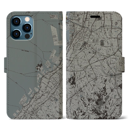 【堺2（大阪府）】地図柄iPhoneケース（手帳タイプ）モノトーン・iPhone 12 / 12 Pro 用