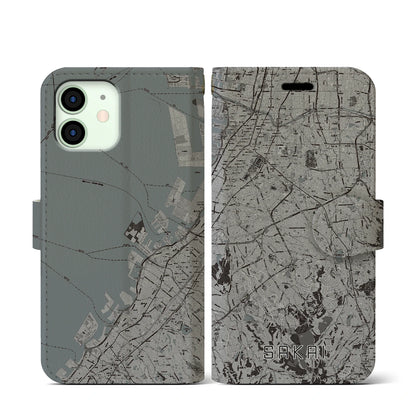 【堺2（大阪府）】地図柄iPhoneケース（手帳タイプ）モノトーン・iPhone 12 mini 用