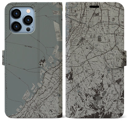 【堺2（大阪府）】地図柄iPhoneケース（手帳タイプ）モノトーン・iPhone 13 Pro Max 用