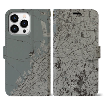 【堺2（大阪府）】地図柄iPhoneケース（手帳タイプ）モノトーン・iPhone 13 Pro 用