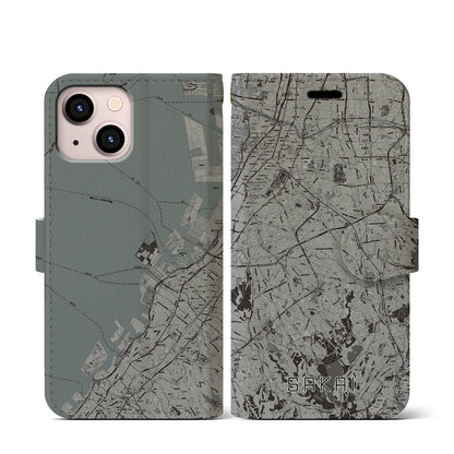 【堺2（大阪府）】地図柄iPhoneケース（手帳タイプ）モノトーン・iPhone 13 mini 用