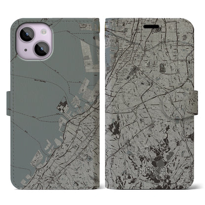 【堺2（大阪府）】地図柄iPhoneケース（手帳タイプ）モノトーン・iPhone 14 用