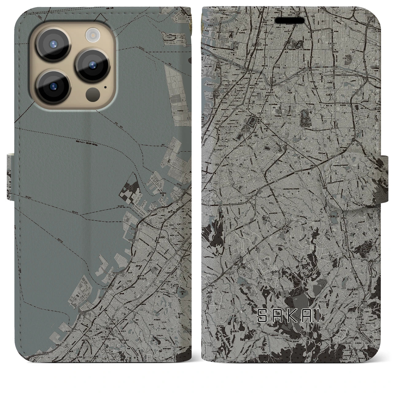 【堺2】地図柄iPhoneケース（手帳両面タイプ・モノトーン）iPhone 14 Pro Max 用
