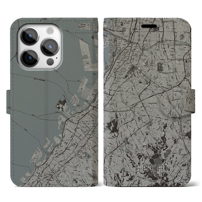 【堺2（大阪府）】地図柄iPhoneケース（手帳タイプ）モノトーン・iPhone 14 Pro 用