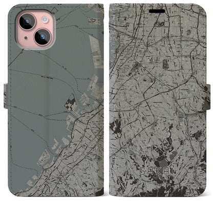 【堺2（大阪府）】地図柄iPhoneケース（手帳タイプ）モノトーン・iPhone 15 Plus 用