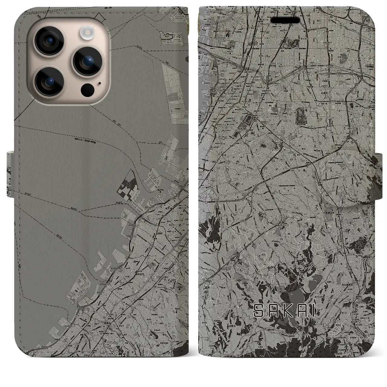 【堺2（大阪府）】地図柄iPhoneケース（手帳タイプ）モノトーン・iPhone 16 Plus 用