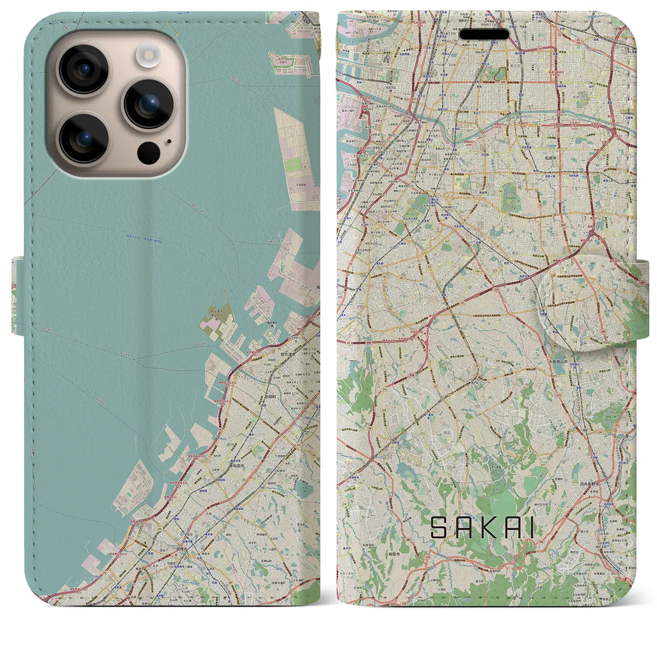 【堺2（大阪府）】地図柄iPhoneケース（手帳タイプ）ナチュラル・iPhone 16 Plus 用