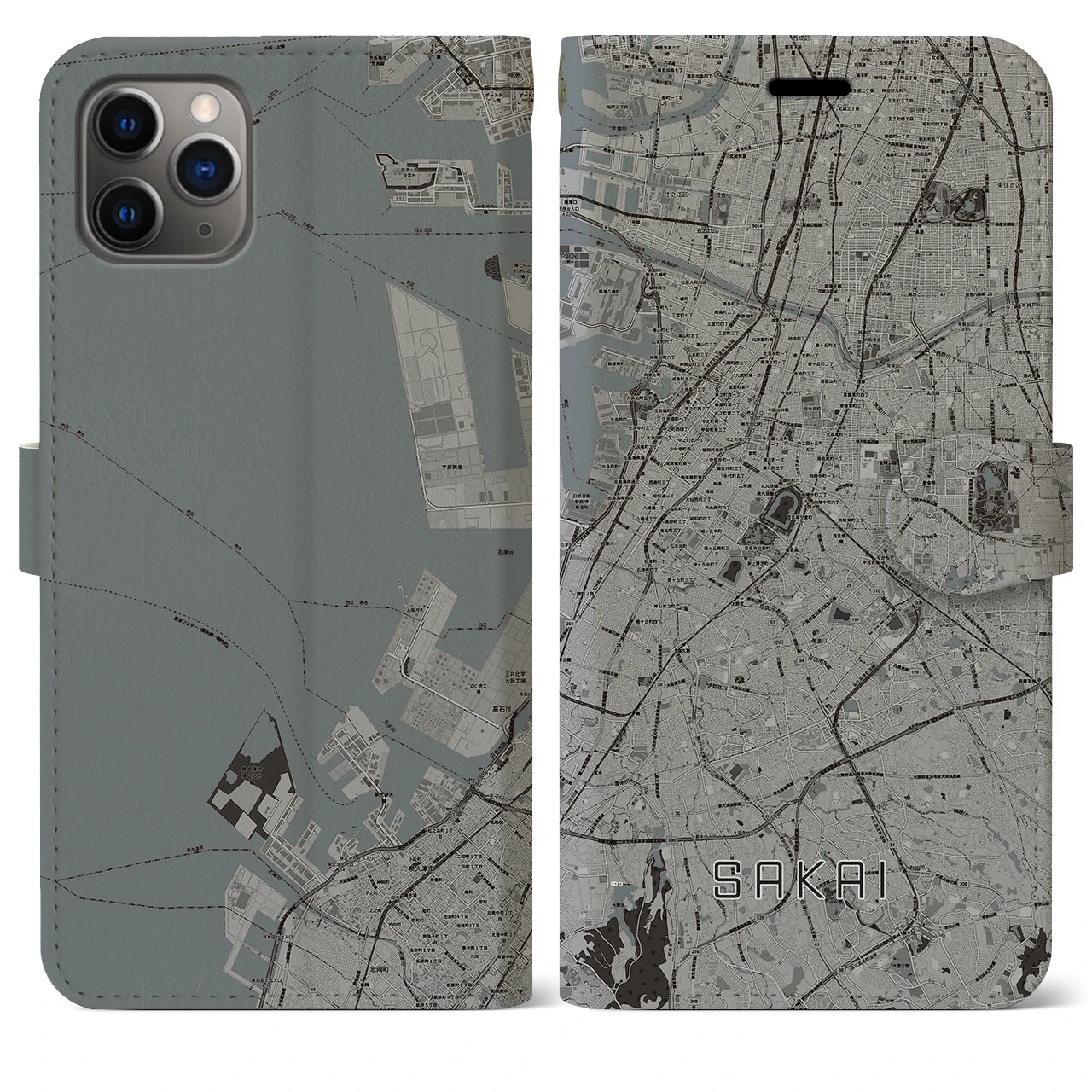 【堺】地図柄iPhoneケース（手帳両面タイプ・モノトーン）iPhone 11 Pro Max 用