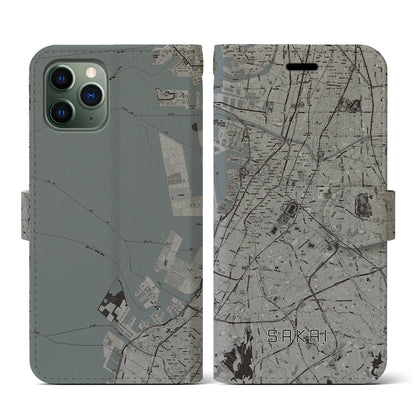 【堺（大阪府）】地図柄iPhoneケース（手帳タイプ）モノトーン・iPhone 11 Pro 用